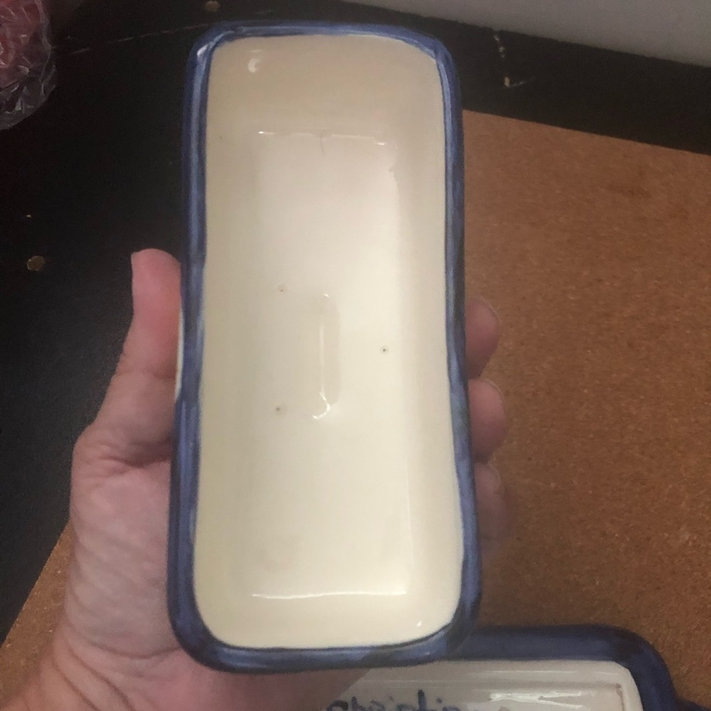 Butter Dish Ceramic Handmade Blue Yellow Moons Suns 9x3” Good Condition  Used - Picture 4 of 5